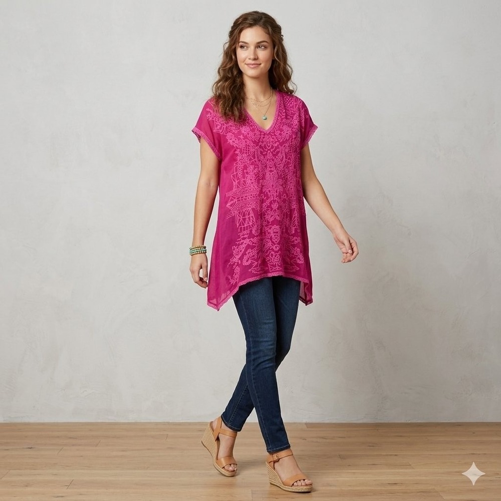 Johnny Was Magenta Pink Embroidered Cupra Rayon Tunic Blouse C21520-8 Womens L